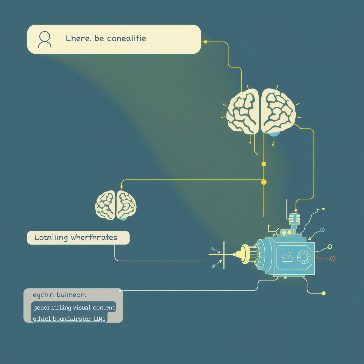 An intricate illustration of data flowing from a user's text input to interconnected digital brains representing LLMs and then to a creative engine symbolizing Generative AI synthesizing visual content with ethical boundaries depicted as subtle barriers