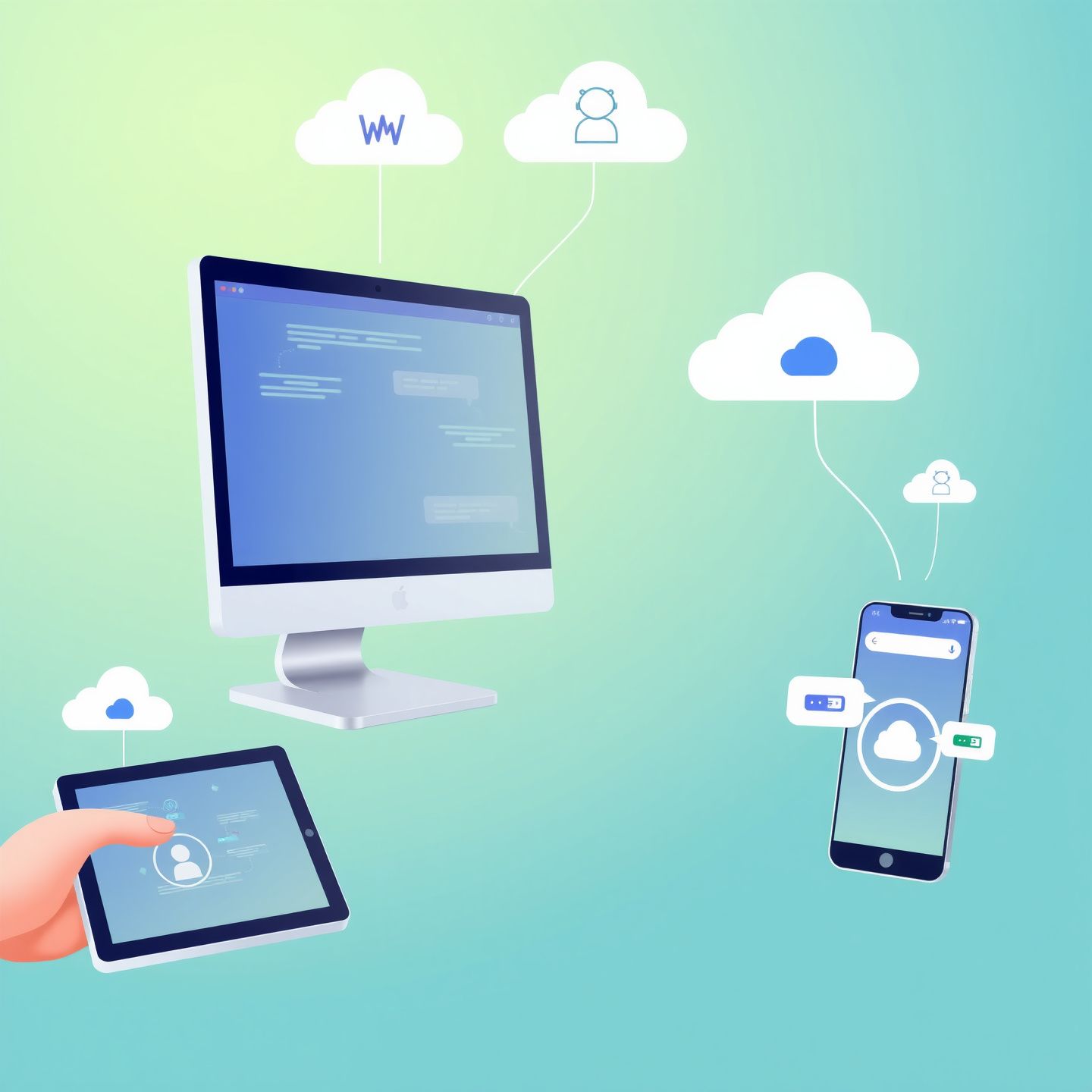A user seamlessly accessing an AI chatbot platform across multiple devices including a desktop computer a tablet and an Android phone with cloud icons floating around representing easy web and app access