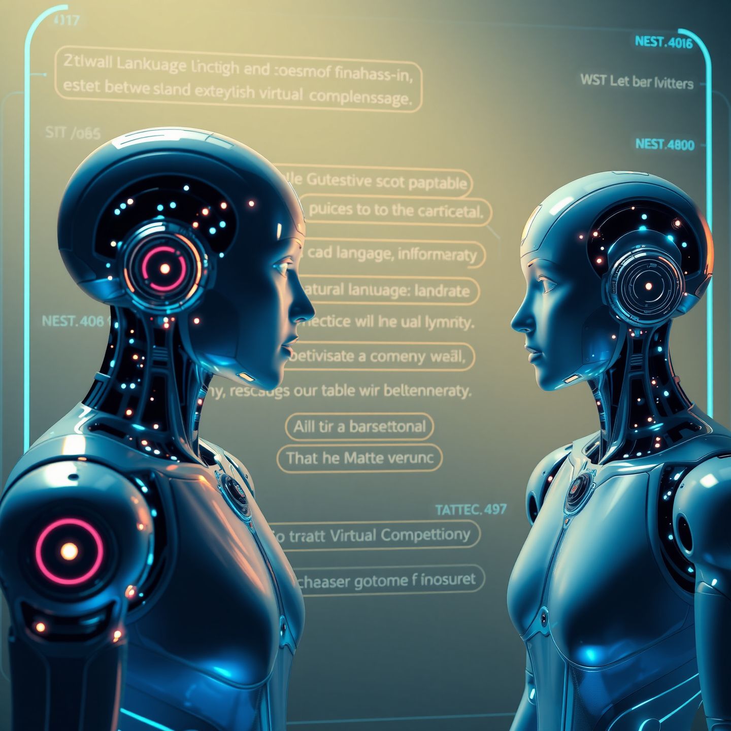 A futuristic digital interface showing AI models interacting with users through text emphasizing natural language processing and evolving virtual companionship