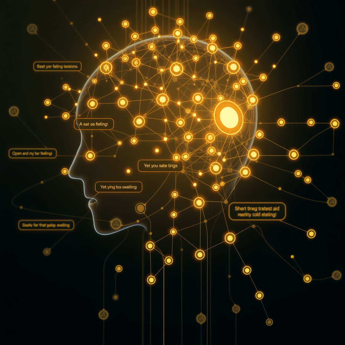 A sophisticated AI chatbot interface, represented as an intricate network, facilitating collaborative storytelling and open-ended conversations with a user, highlighting human-like complexity and curiosity in a digital art aesthetic