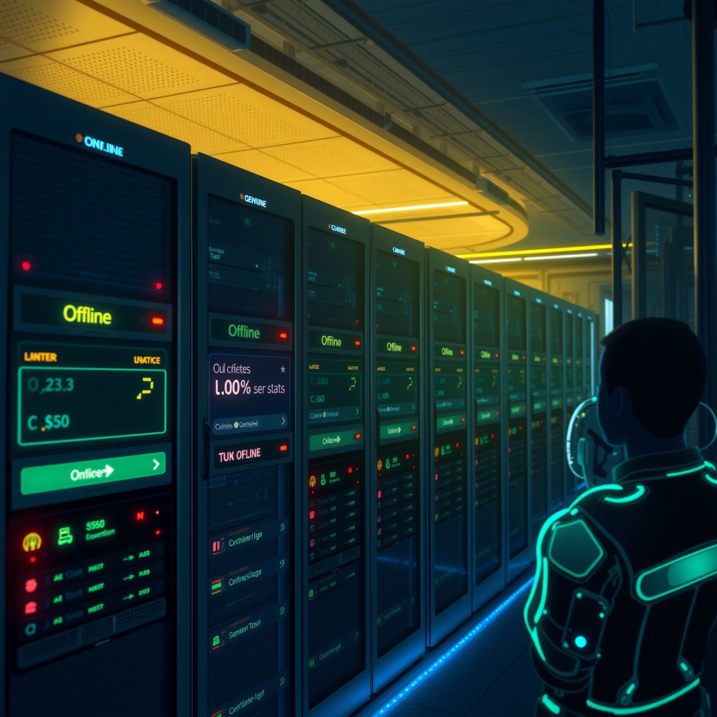 A futuristic server room with blinking lights showing some servers offline and others under maintenance while digital users look on with concern representing CharacterAI downtime and status checks