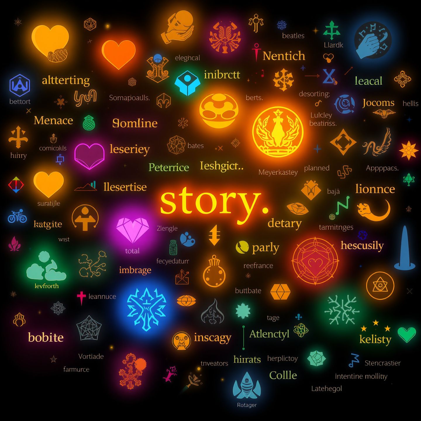 A vibrant mosaic of diverse story genres from romance to dark fantasy represented by interconnected glowing symbols illustrating the broad spectrum of narratives an AI can generate