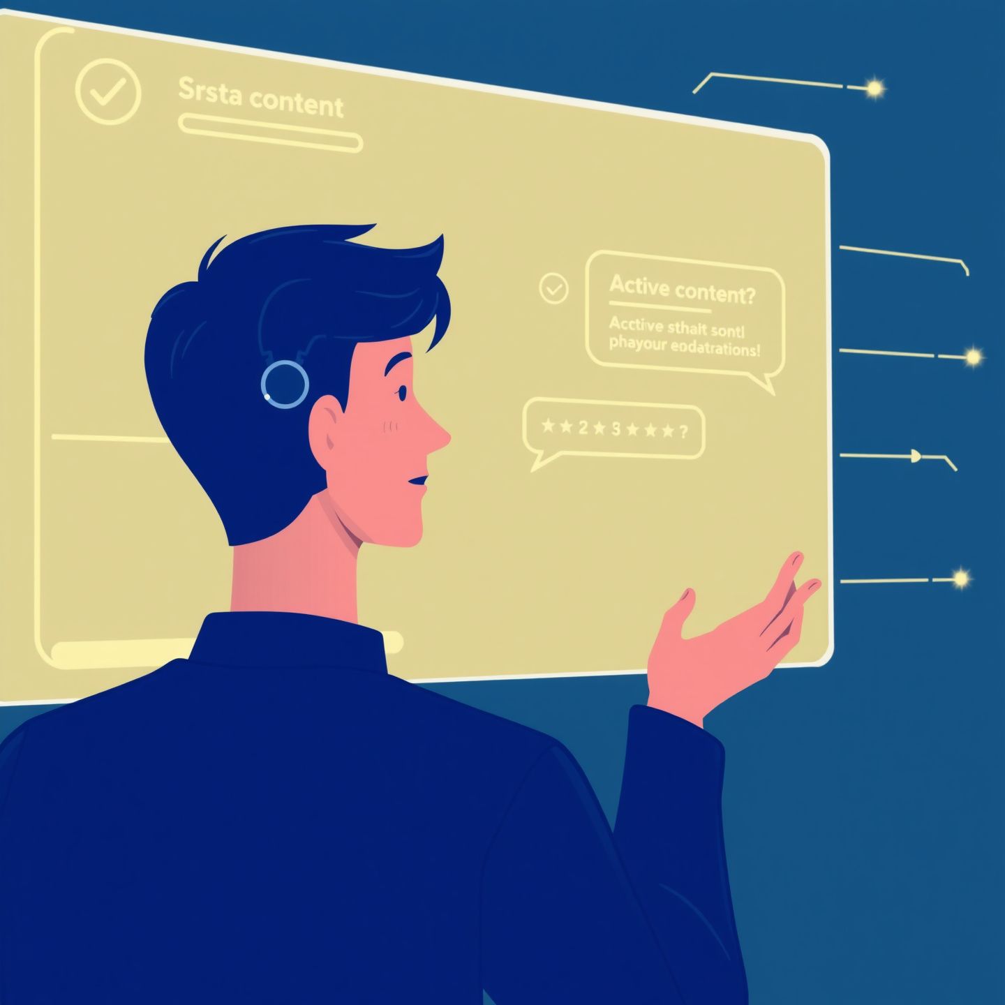 A person engaged in a dynamic conversation with an AI chatbot displayed on a digital screen with subtle glowing lines indicating an active content moderation system in the background in an illustrative style