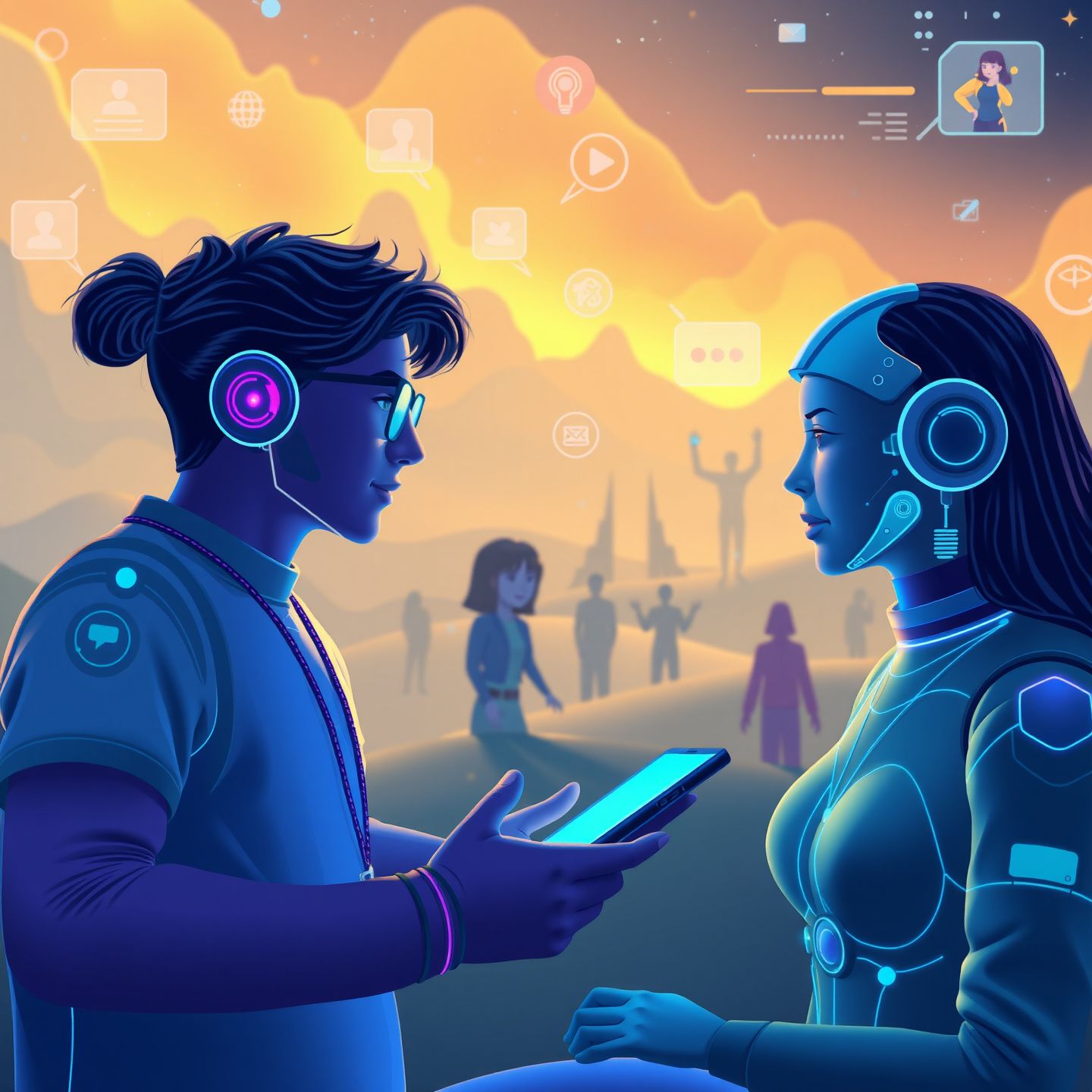 A futuristic digital landscape with diverse users engaging in personalized conversations with AI companions representing uncensored interaction and immersive storytelling a vibrant and evolving digital world