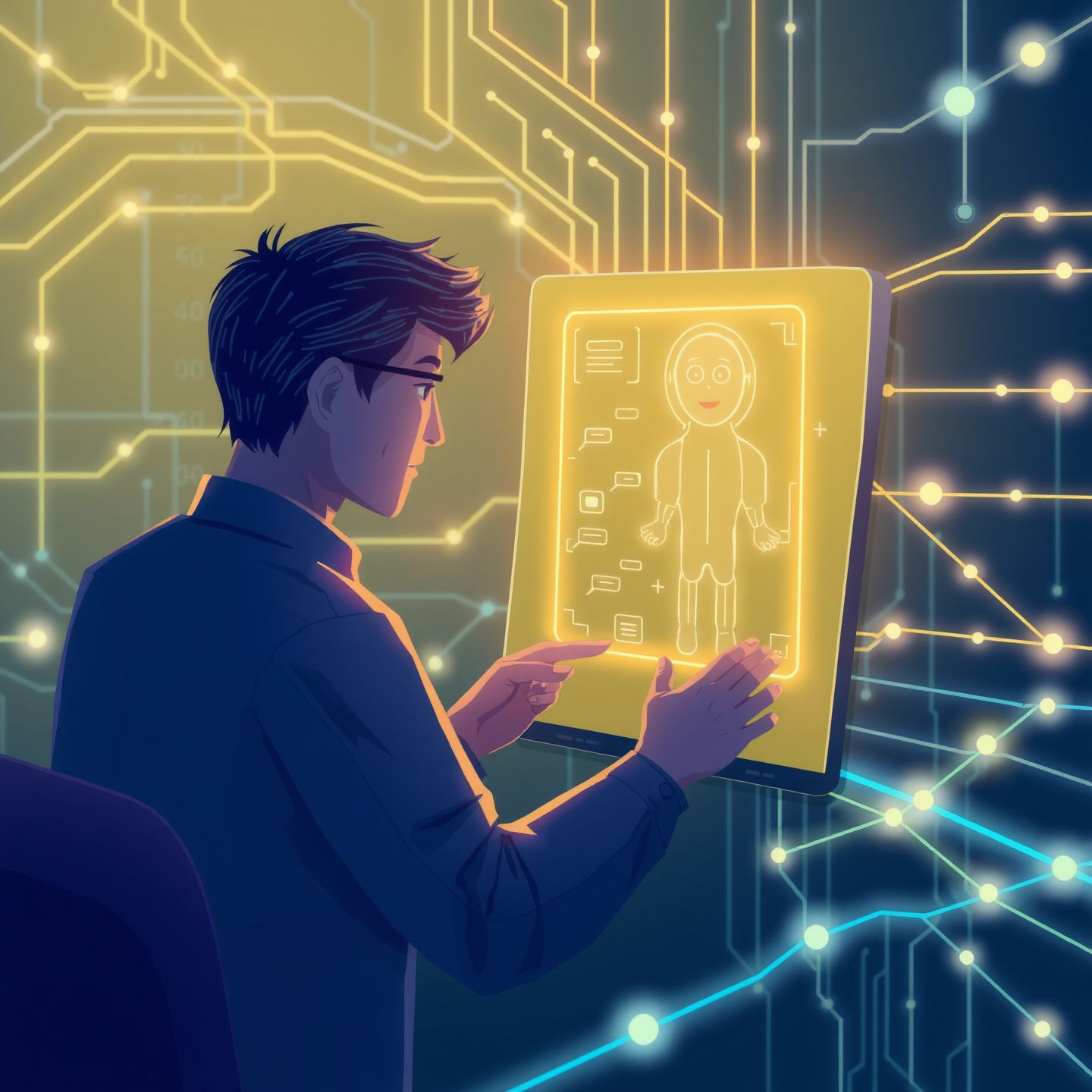 An illustration depicting a user interacting with a virtual companion on a screen surrounded by digital data streams and glowing lines symbolizing evolving human-AI relationships and technological innovation in a futuristic setting