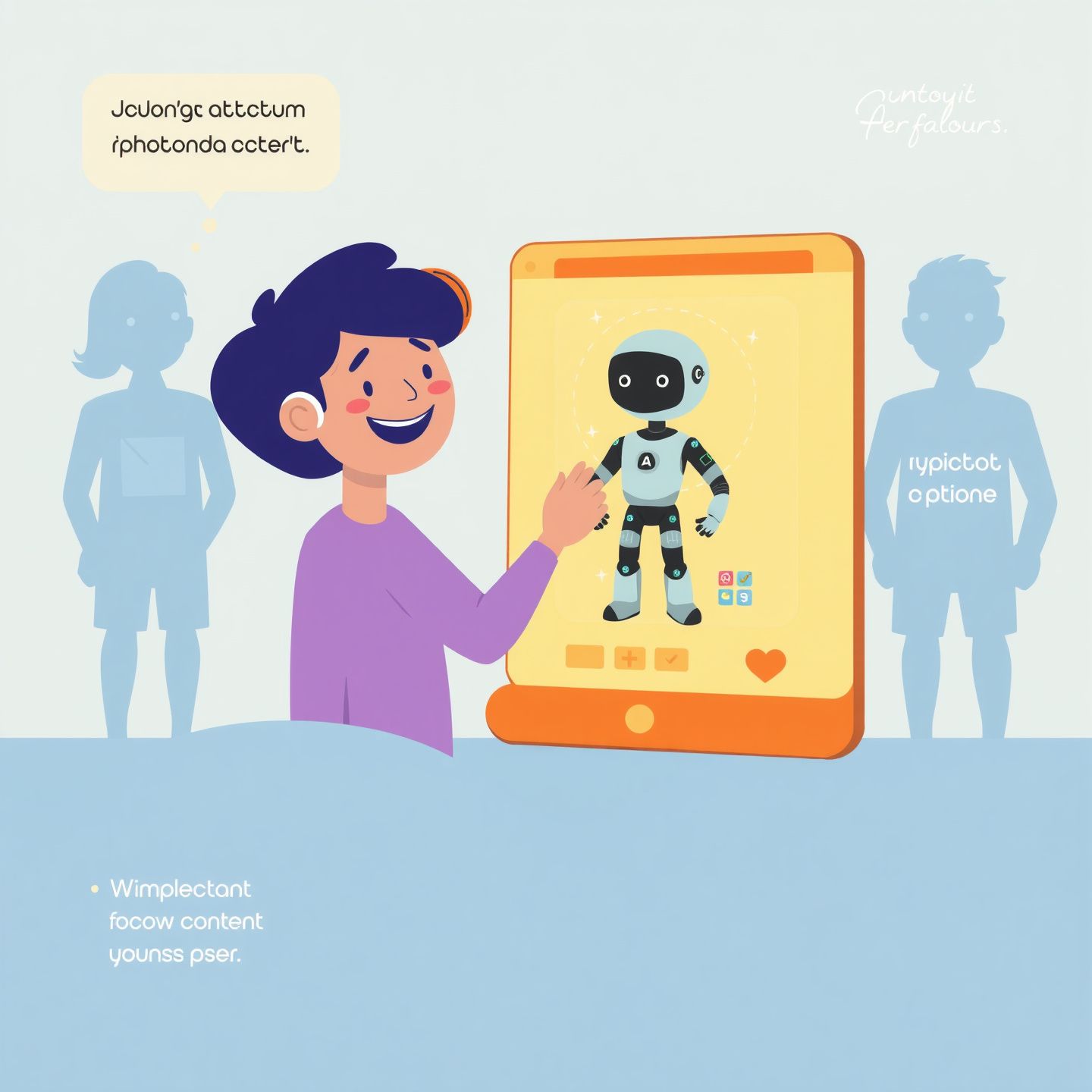 A stylized illustration showing a user happily customizing an AI character on a screen while in the background faint shadowy figures represent concerns about personal data being collected inappropriate content exposure and the well-being of young users all rendered in a clean modern design