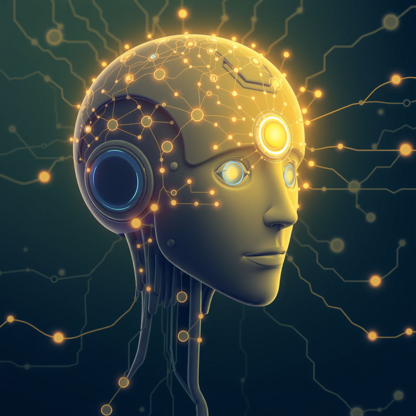 A stylized representation of an advanced AI chatbot with intricate neural network connections and flowing data streams demonstrating that Character.AI is purely artificial intelligence powered by sophisticated large language models and algorithmic processes with no human operators involved