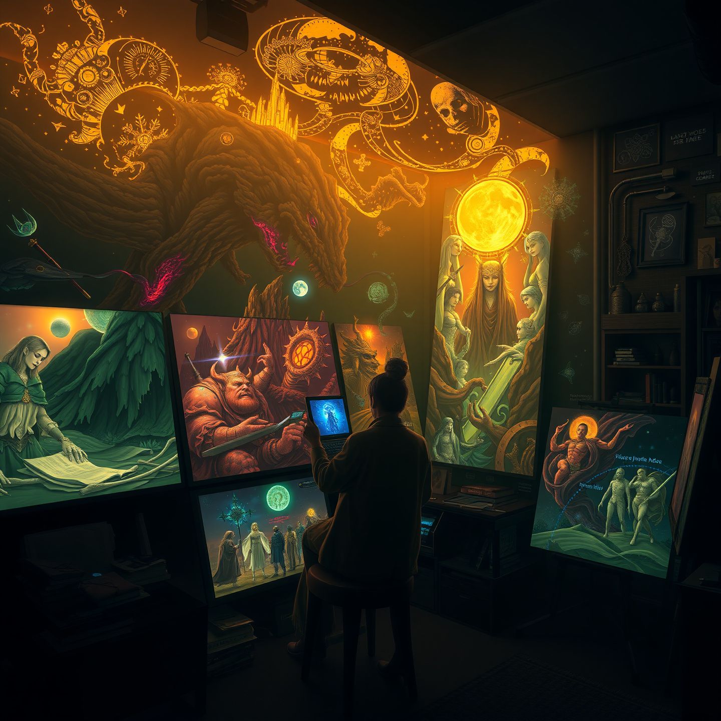 An artist's studio filled with glowing digital canvases showing intricate fantasy worlds psychological thrillers and nuanced character arcs created with an AI companion symbolizing boundless creative expression and storytelling
